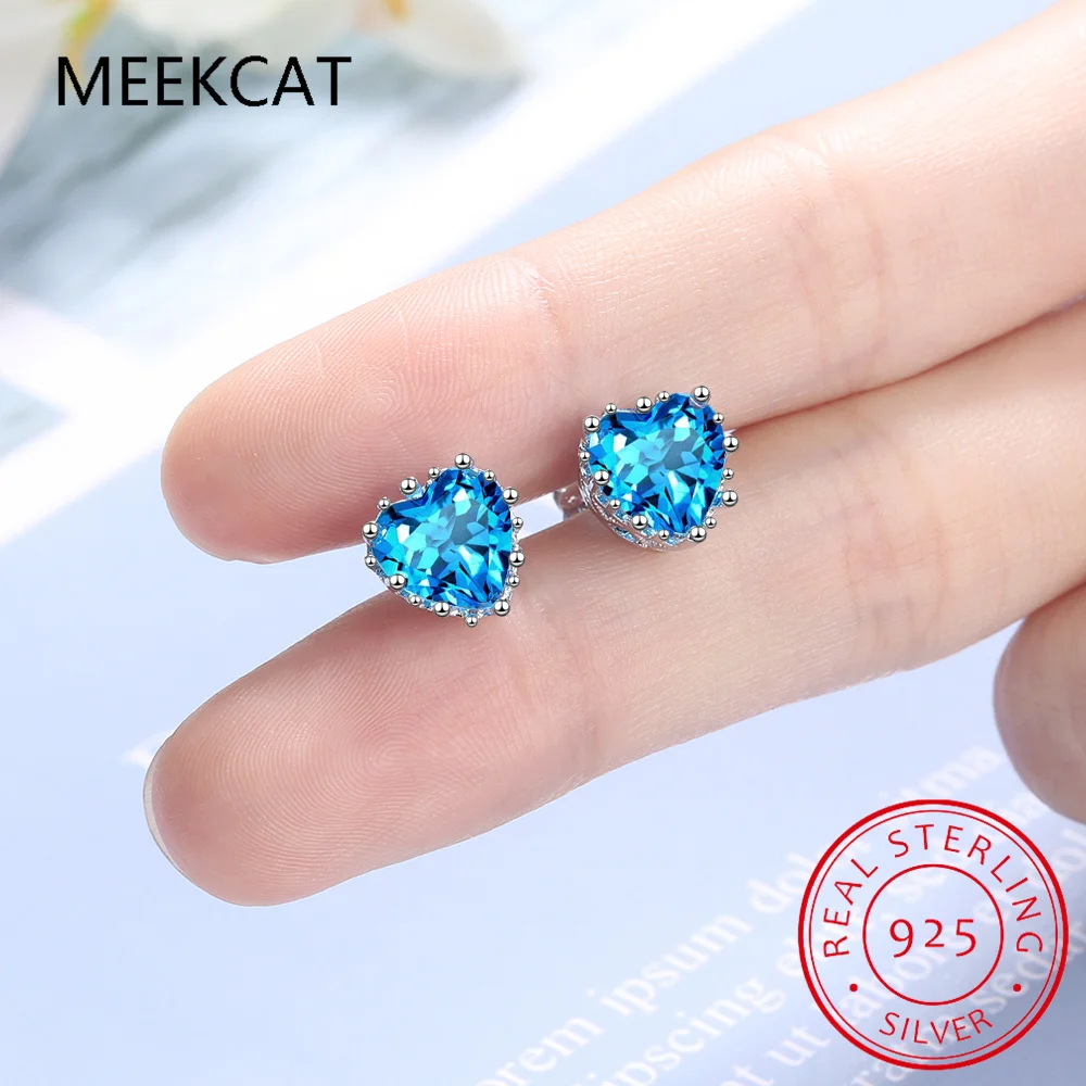 1.8ct Genuine Blue Topaz 925 Sterling Silver Heart Stud Earrings for Women Gemstone Fine Jewelry Wedding Gift