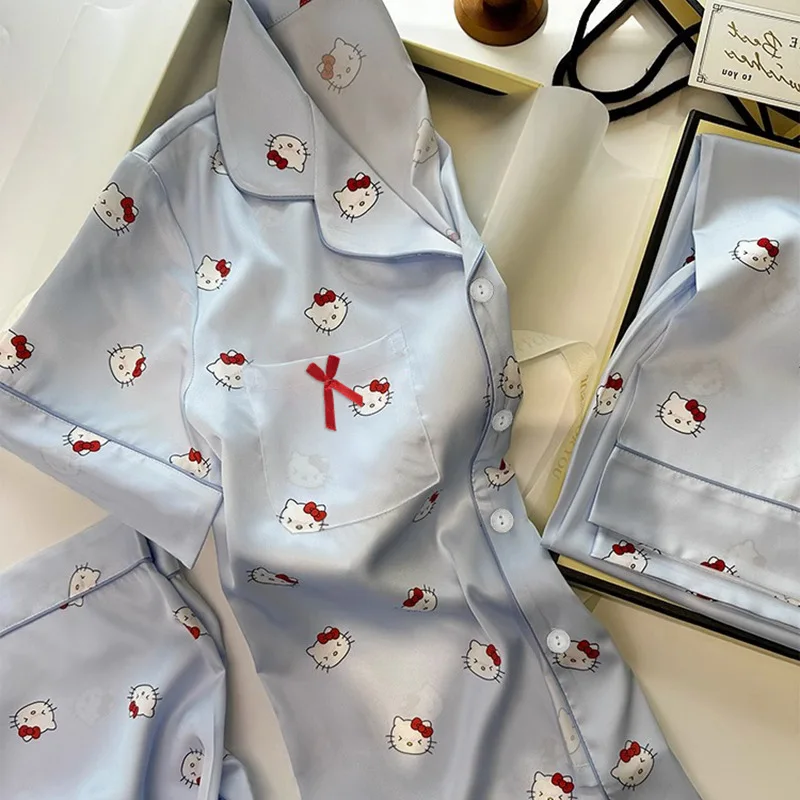 

Hello Kitty Cartoon Ice Silk Pajama Set 3pcs Short Sleeve Comfortable Home Wear