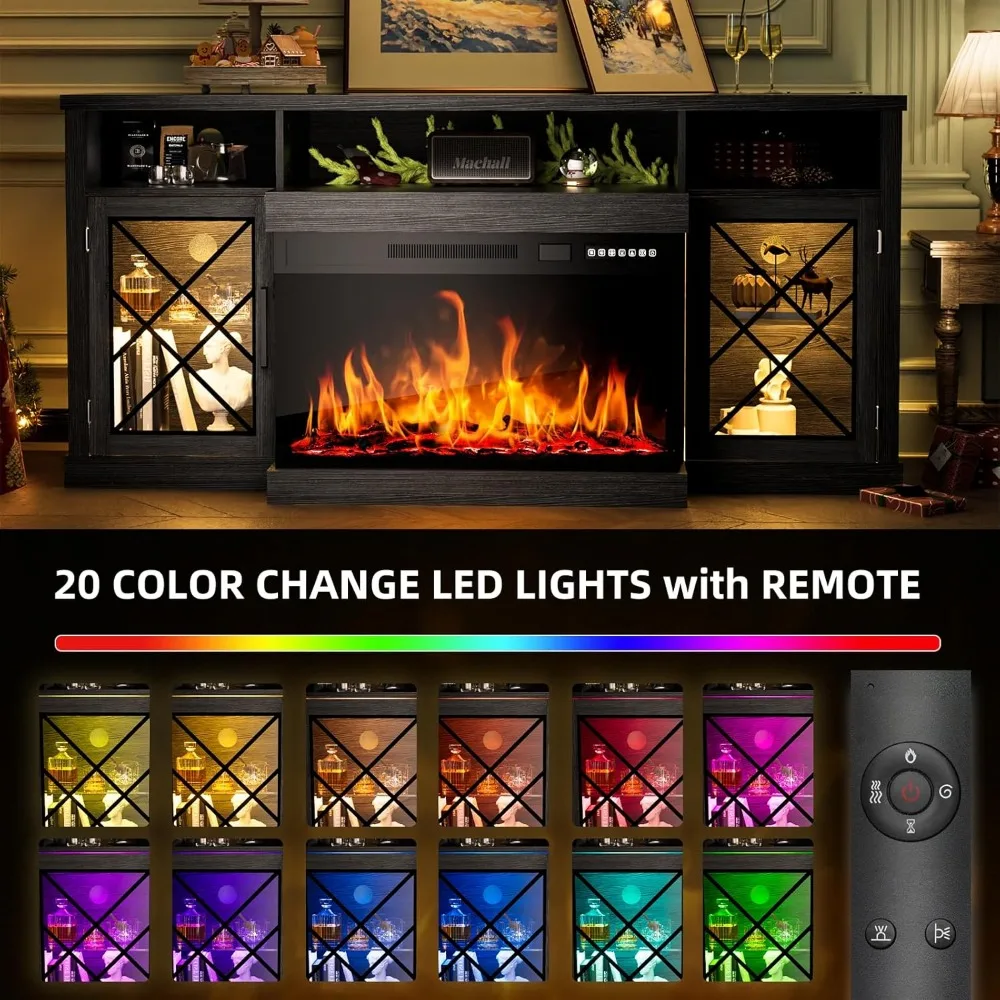 مركز ترفيه مدفأة زجاجية ثلاثية الجوانب مع مساحة تخزين وباب زجاجي لأجهزة التلفاز حتى 75 بوصة #4