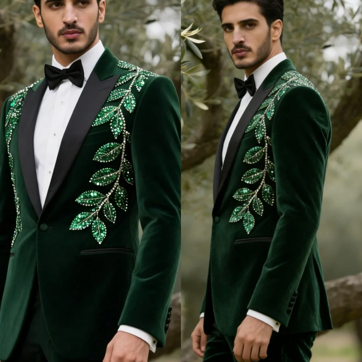 

Fashion Velvet Suits For Men Peaked Lapel Single Breasted Jacket Blazers Crystals 2 Pieces Prom Male Party Customized Outfits