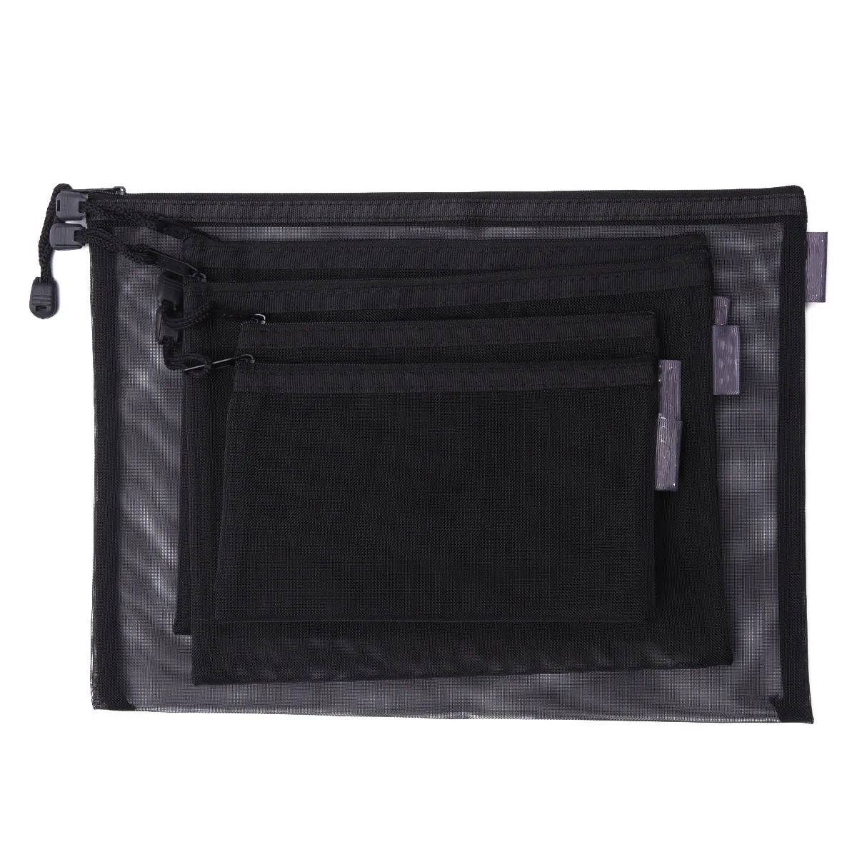

5Pcs Black Transparent Mesh File Bag Set Zippered Portable Stationery Organizer for Office School Document Storage Pencil Pouch