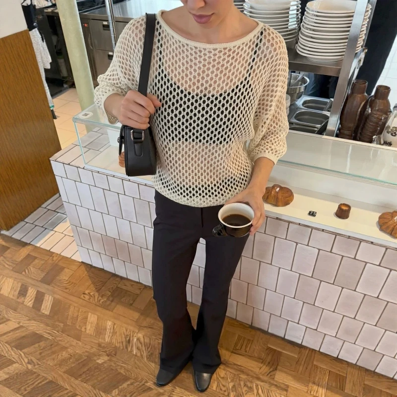 

2026 Spring/Summer New Cutout Loose Perspective Seven Inch Sleeve Hot Selling Knitted Hoodie for Women