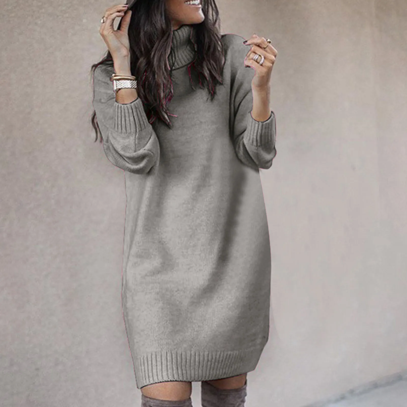 Winter Women'S Sweater Dress Solid Color High Collar Sundress Casual Knitted Tunic Dresses Cold Weather Clothes Vestido Feminino