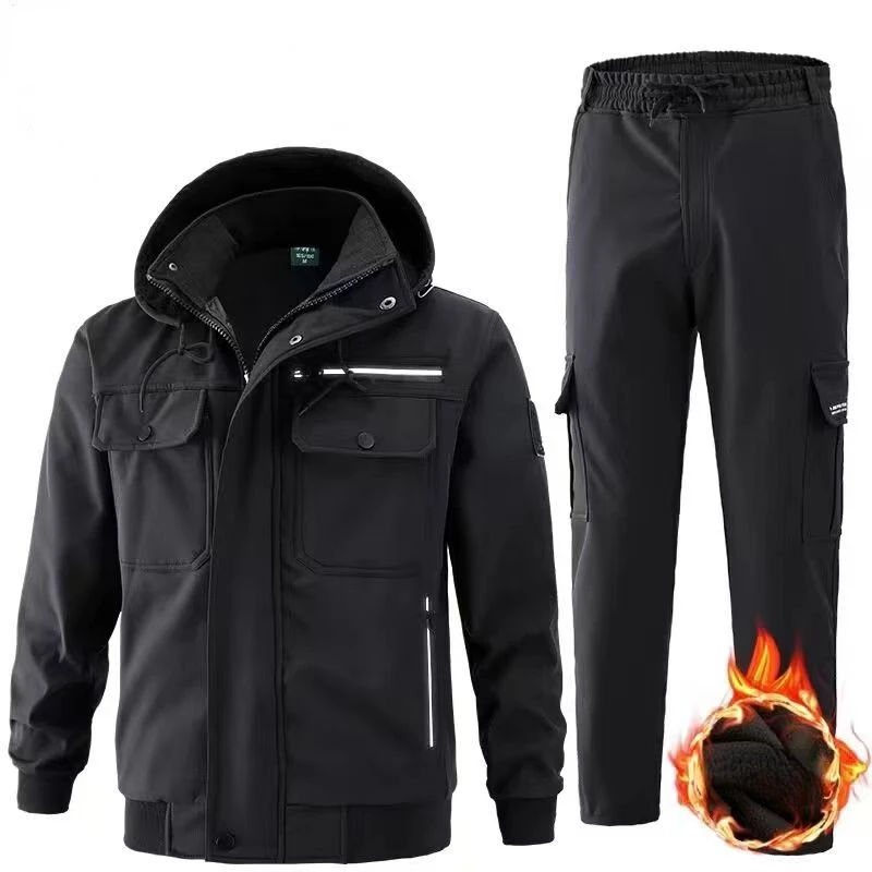 Plüsch Fleece warm wasserdicht Herren Sets dicke Kapuze Herbst Winter Anzug solide elastische Arbeits kleidung wind dichte Kleidung Jogging hose neu