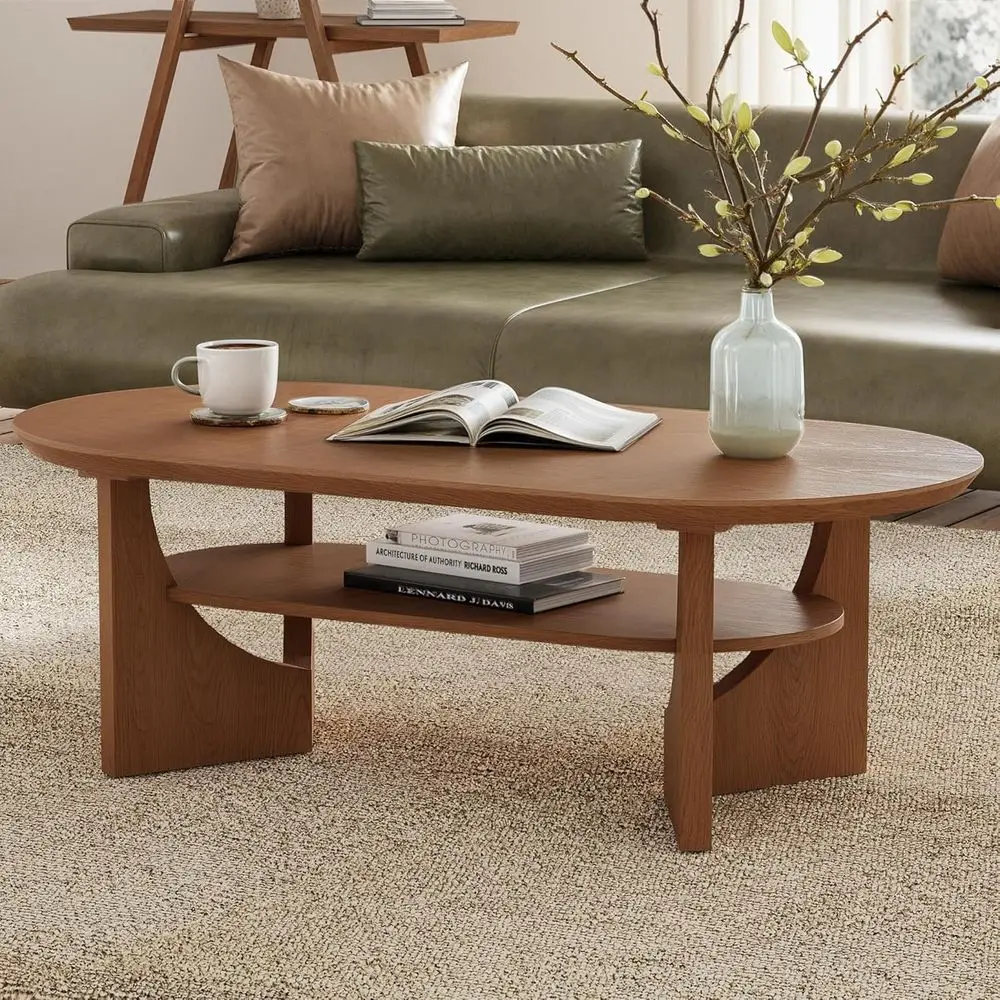 

47 Oval Wooden Coffee Table with 2-tier Curved Design, Storage Shelf, Sturdy Base, Minimalist Retro Style, Cherry Finish