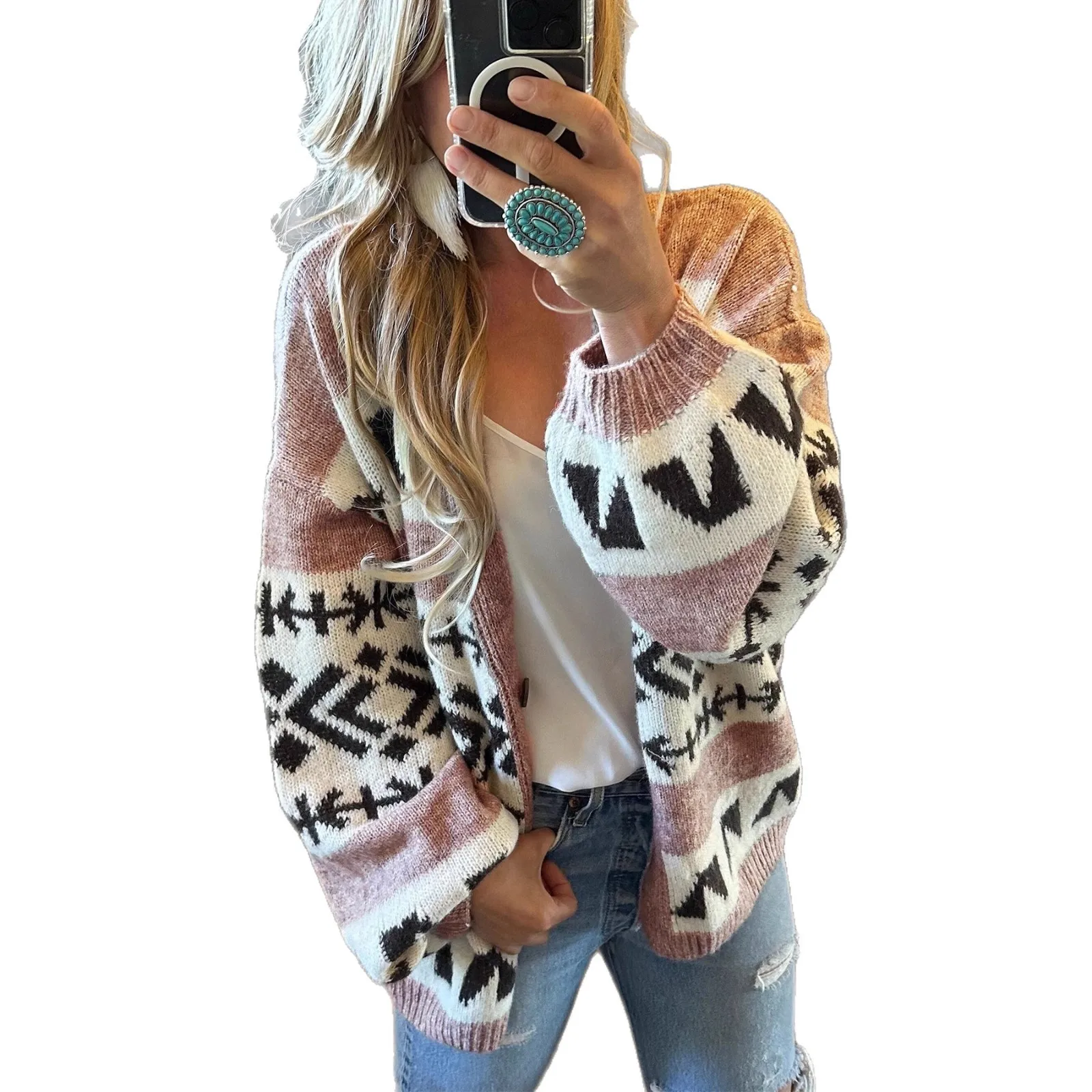 Geometric Print Autumn Women Knitwear Contrast Color Loose Knitted Sweater Jacket For Lady Elegant Office Holiday Female Sweater