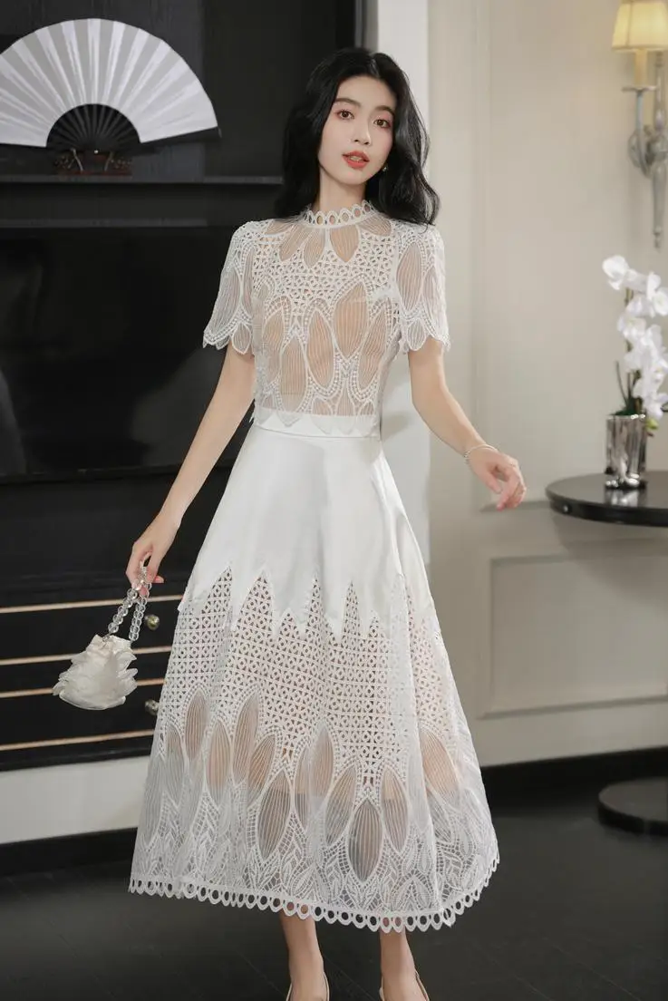 High Quality Lace Patchwork Jacquard Dress Women Vintage Temperament  Ruffles Slim Short Sleeve Summer Dress Vestidos De Mujer