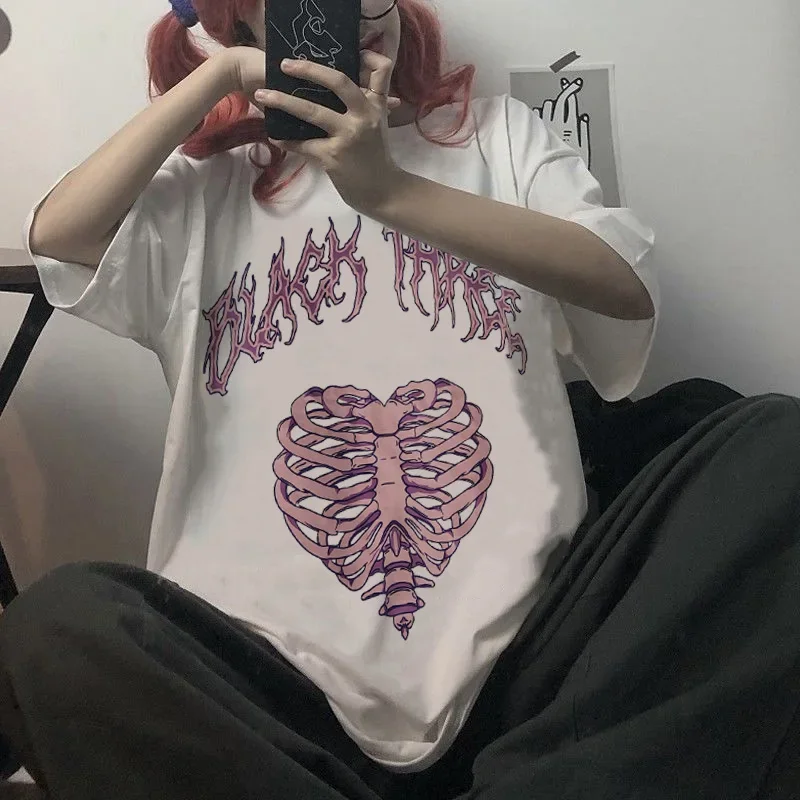 Kawaii Anime Frauen T-shirts Goth Y2k Harajuku Streetwear Tops Hohl Knochen Drucken Diablo Lose Kurzarm Übergroßen T-Shirt Tops