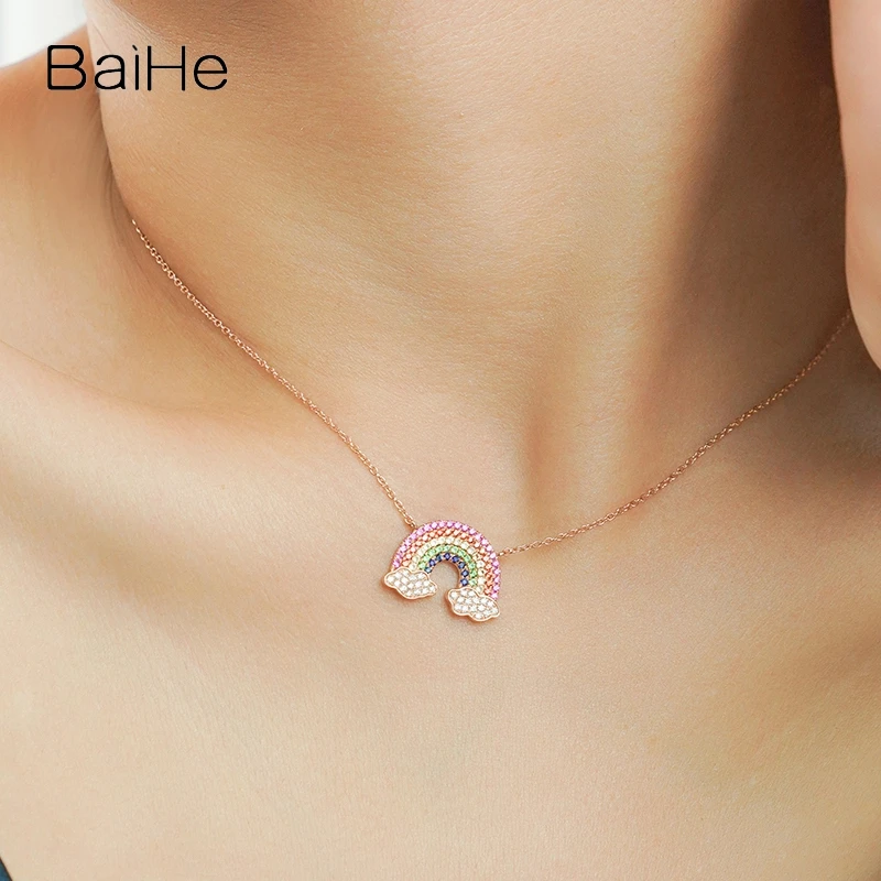 BAIHE Solid 18K Rose Gold Natural Colorful Gems Diamond Rainbow Necklace Women Adjustable Trendy Fine Jewelry Collar Ожерелье