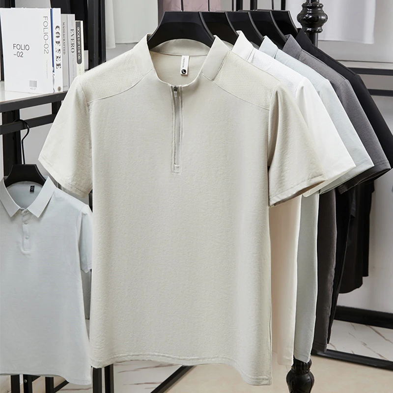 Herren Kurzarm-Poloshirts mit Halbem Reißverschluss und Stehkragen Lässige Sommer-Oberteile Leichte Atmungsaktive Hemden für Männer – Detail 22