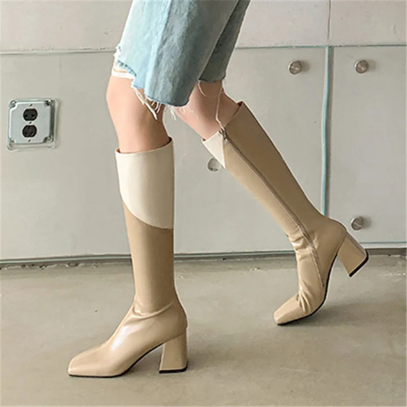 MORAZORA 2024 New Zipper Knee High Autumn Boots Sheepskin Women Boots Mixed Colors Ladies Thick High Heels Shoes