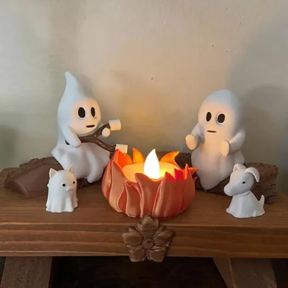 1Set Halloween Ghost Campfire Gathering Figurine Spooky Ghosts Statue Resin Desktop Ornament for Home Party Holiday Decor Gifts