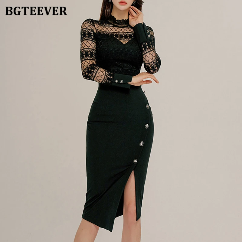 

BGTEEVER элегантное шикарное женское кружевное платье с воротником-стойкой, стильное женское лоскутное облегающее платье с длинным рукавом и разрезом по бокам