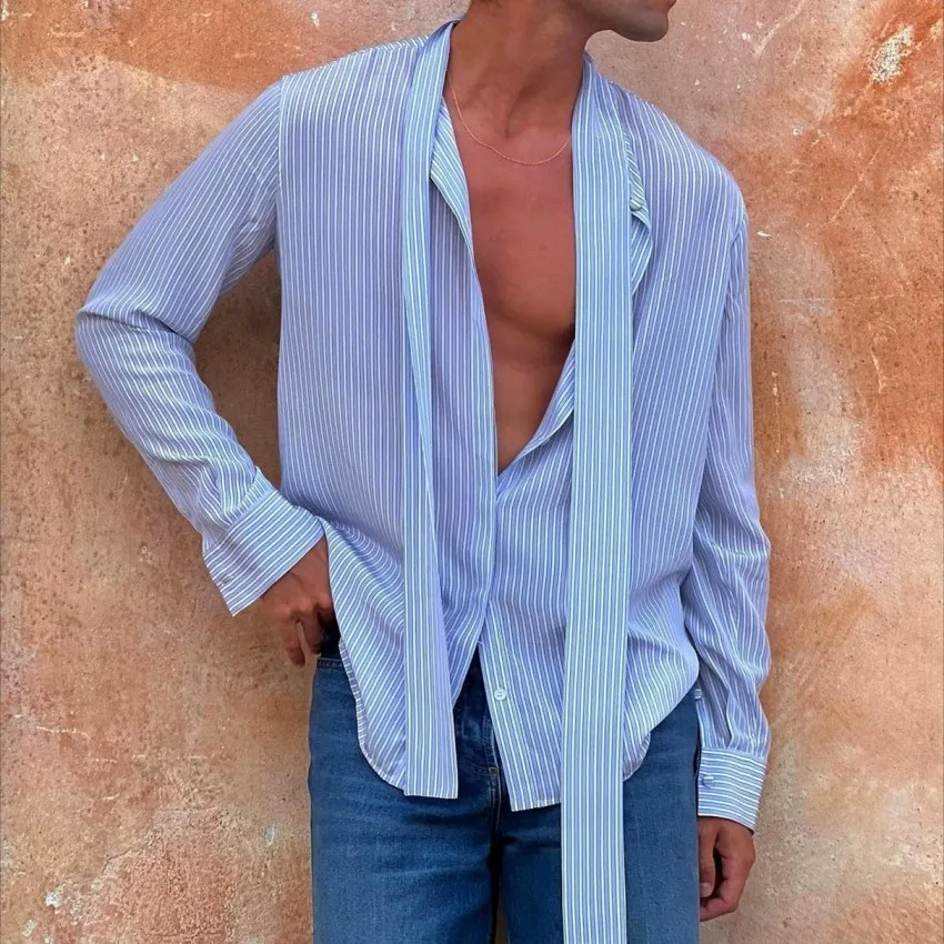 

Мужской полосатый однобортный топ с лацканами Long Sve Ice Silk, свободный крой, молодежный тонкий осенний топ для банкета