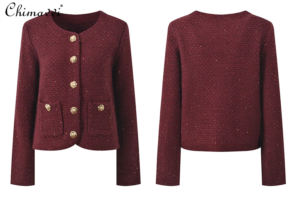 

French Elegant Commuter Round Neck Long Sleeve Metal Single-Breasted Sequin Fashion Versatile Short Jackets for Women Autumn