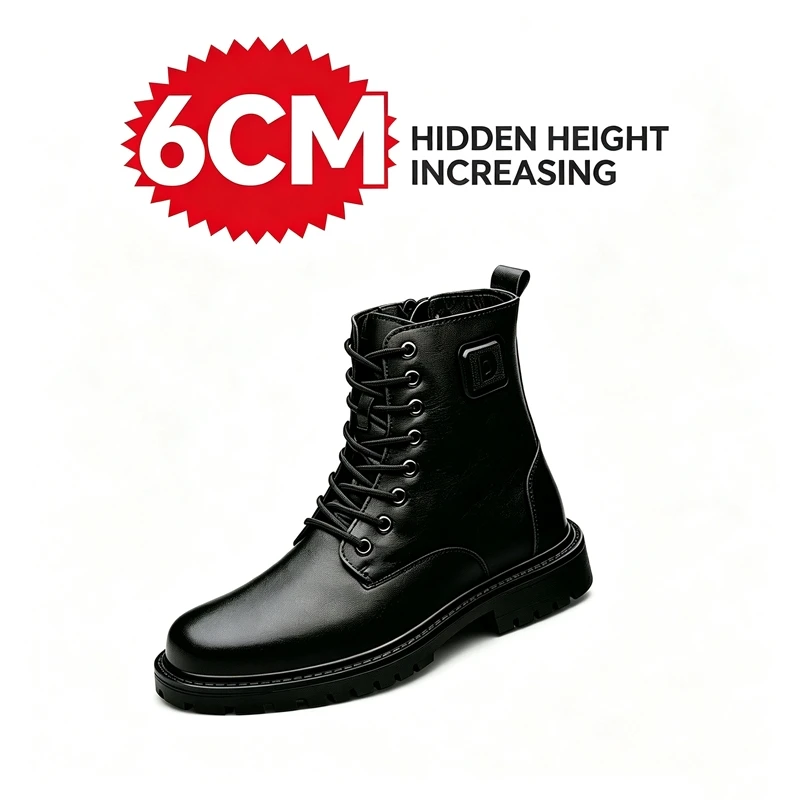 Men 6cm Hidden Height Increasing Leather Boots Winter Fleece Lined Warm Ankle Boots Non Slip Side Zipper Lace Up Elevator Boots