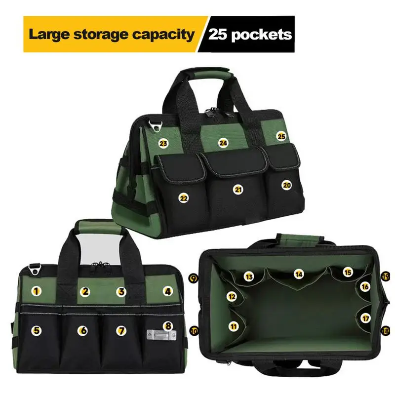 Large Tool Bag Multi-Pocket Large Utility Bag Wide Mouth Tool Tote With Ergonomic Handle Multi-Purpose Work Bag For Various