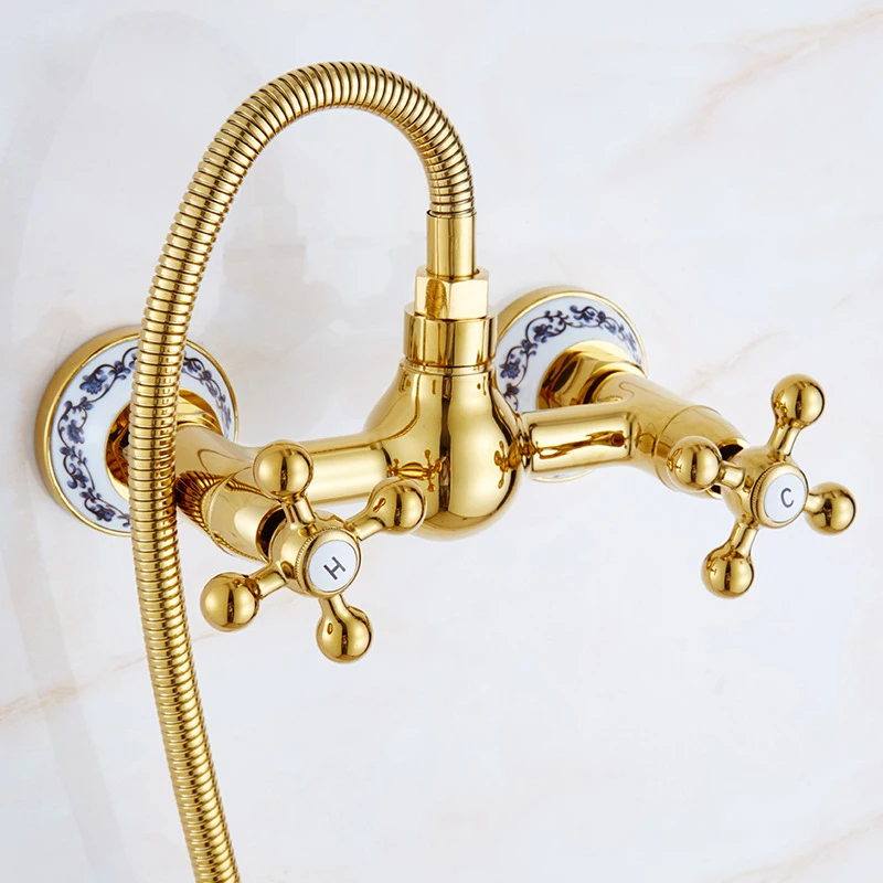 Classic Luxury Golden Brass Wall-Mounted Shower Kit Gold Simple Dual Handle Bath tub Shower Faucet Set SF1070