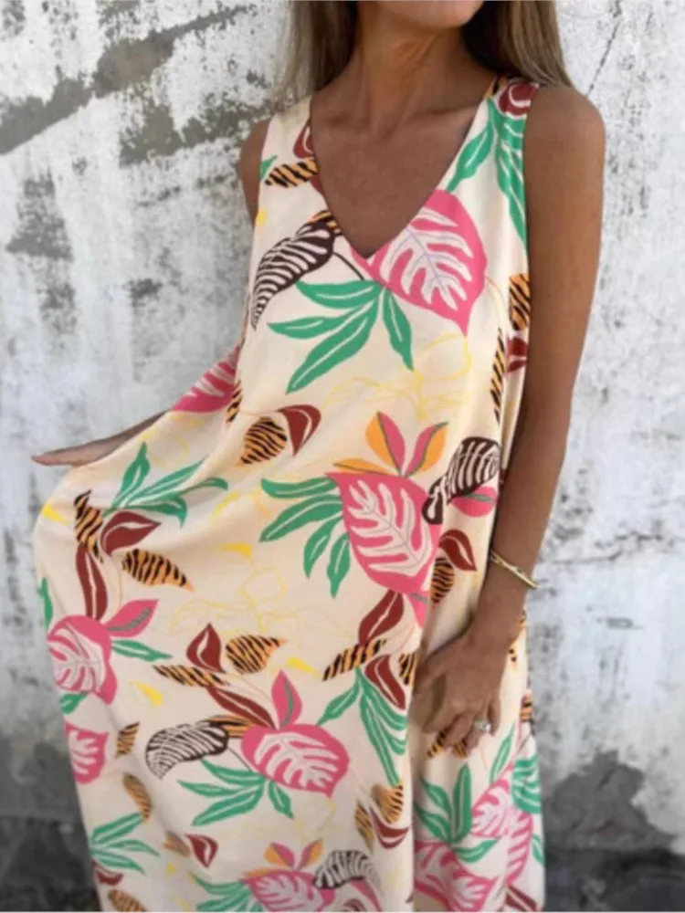 Damska letnia sukienka bez rękawów z nadrukiem bez rękawów z dekoltem w szpic Wygodne sukienki plażowe Boho na wakacje