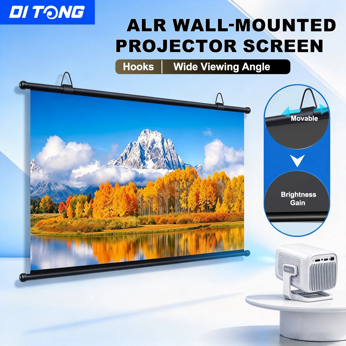 DITONG Anti-light Thick HD Projector Screen 16:9 No-hole Wall-mounted Home Projection Screen 72/84/92/100/110/120inch