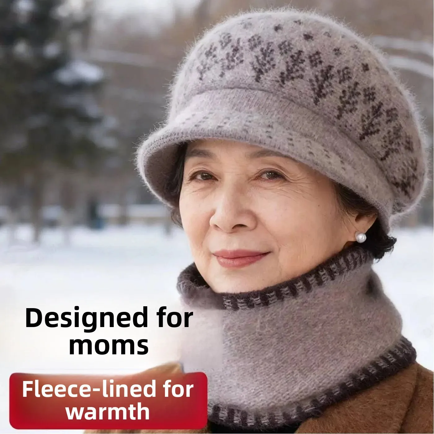 Thickened Fleece Winter Hat for Mom Ladies Warm Knitted Cap with Scarf Cover Mid-aged Women's Fashion Accessories All Seasons