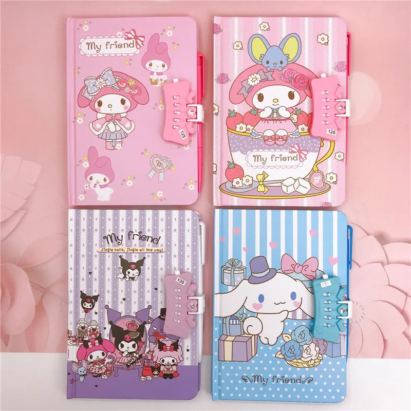 Sanrio โน๊ตบุ๊คการ์ตูนเครื่องเขียนนักเรียน Cinnamoroll Melody Kuromi รหัสผ่านไดอารี่สําหรับเด็ก