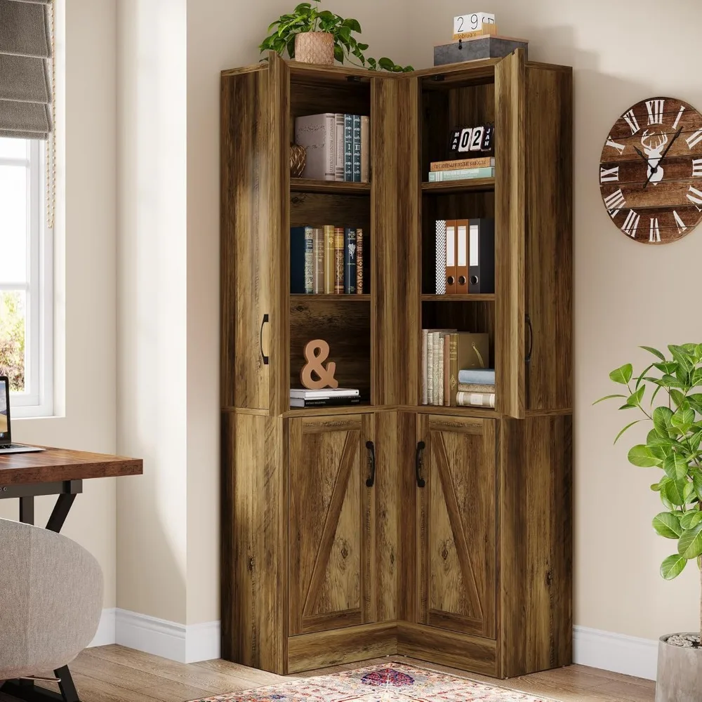 Corner Bookcase with Doors, 5-Tier Farmhouse L-Shaped Bookshelf, 71-Inch Tall Wooden Storage Shelf, Large Corner Book Shelf for