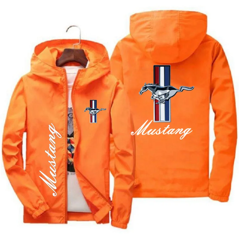 2024Spring and Autumn Ford Mustang Car Logo Print Hooded Jacket Fashion Charge Jacket Men\'s Wind Jacket  Outdoor Casual Wear