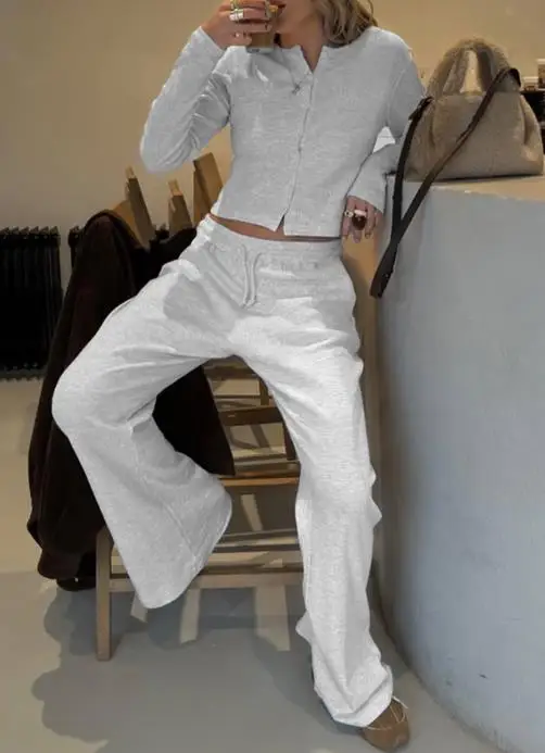 

Two Piece Set Women Outfit 2026 Spring Autumn New Round Neck Long Sleeve Top & High Waist Casual Sports Long Pants Set