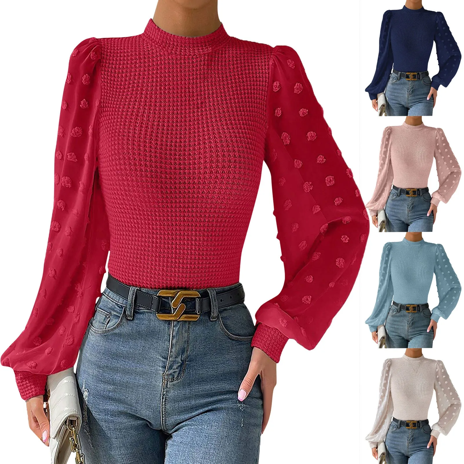 Elegant Knitted Blouse Shirt Women Autumn O Neck Long Sleeve Mesh Puff Sleeve Slim Shirts For Women Autumn Office Tops