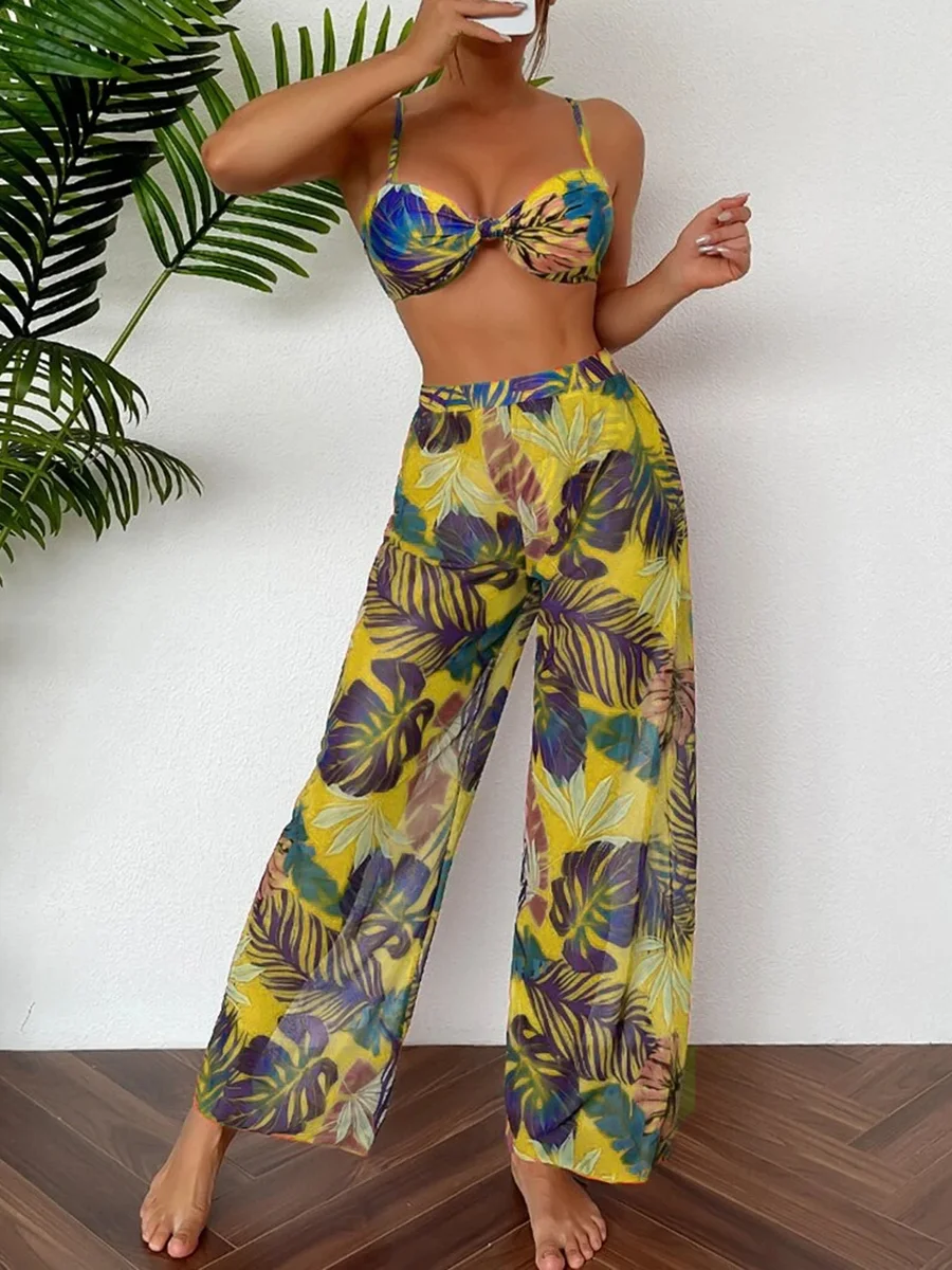 2024 Print Three Piece Bikini With Long Pants Swimsuit Women Swimwear Female Bather Bathing Swimming Swim Suit Beachwear