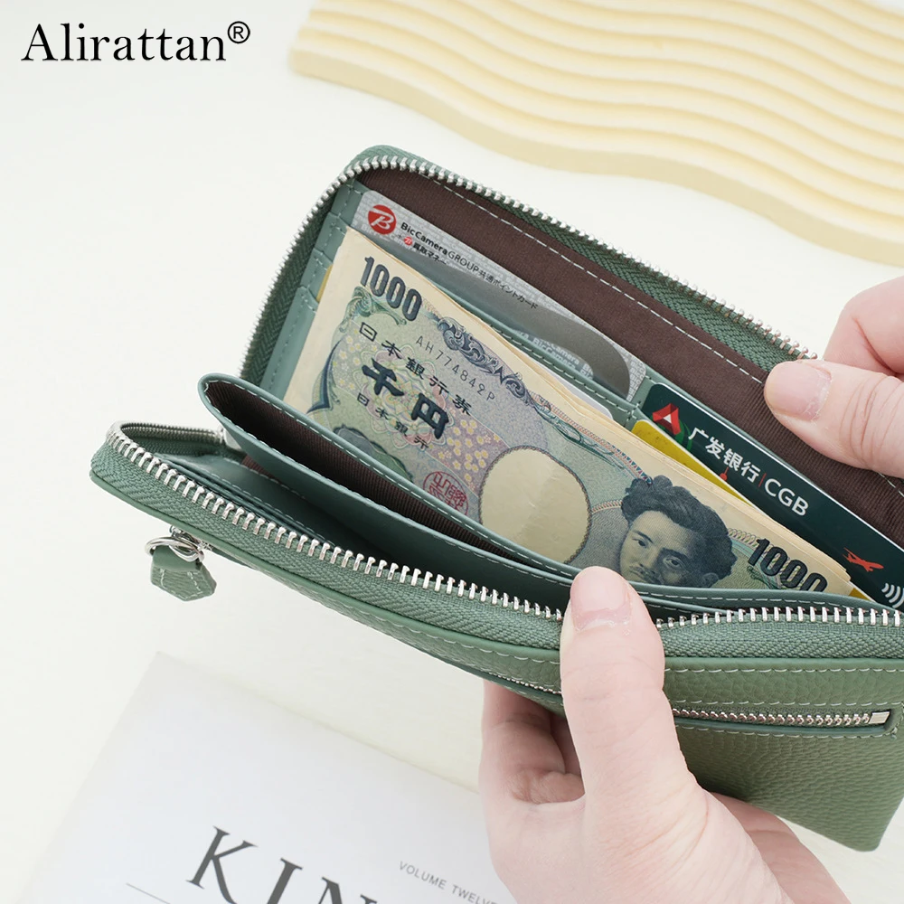 Alirattan 2026 New Zipper Long Wallet Fashionable Multi slot Wallet Large Capacity Head Layer Cowhide Women's Wallet