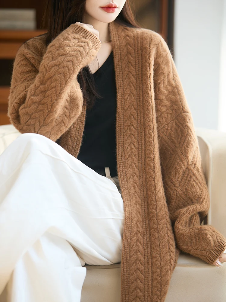 

Women Pure Wool Sweater Casual Loose Twist Flower Cardigan Autumn Winter 100% Merino Wool Knitwear Korean Popular Clothing Tops