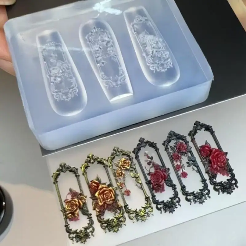 1 Uds. Moldes Retro 3D para uñas, marco de ventana, marco de flor rosa, molde para uñas, plantilla de silicona tallada 3D, herramientas de decoración para manicura DIY