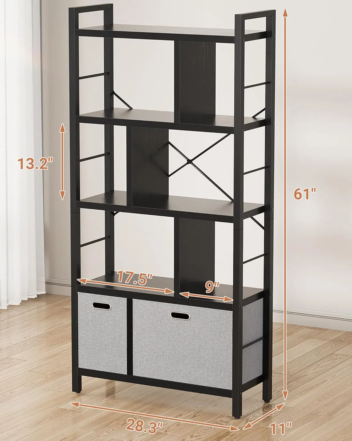 Современная книжная полка с 5 полками и ящиками для хранения — высокая подставка для книг и декора