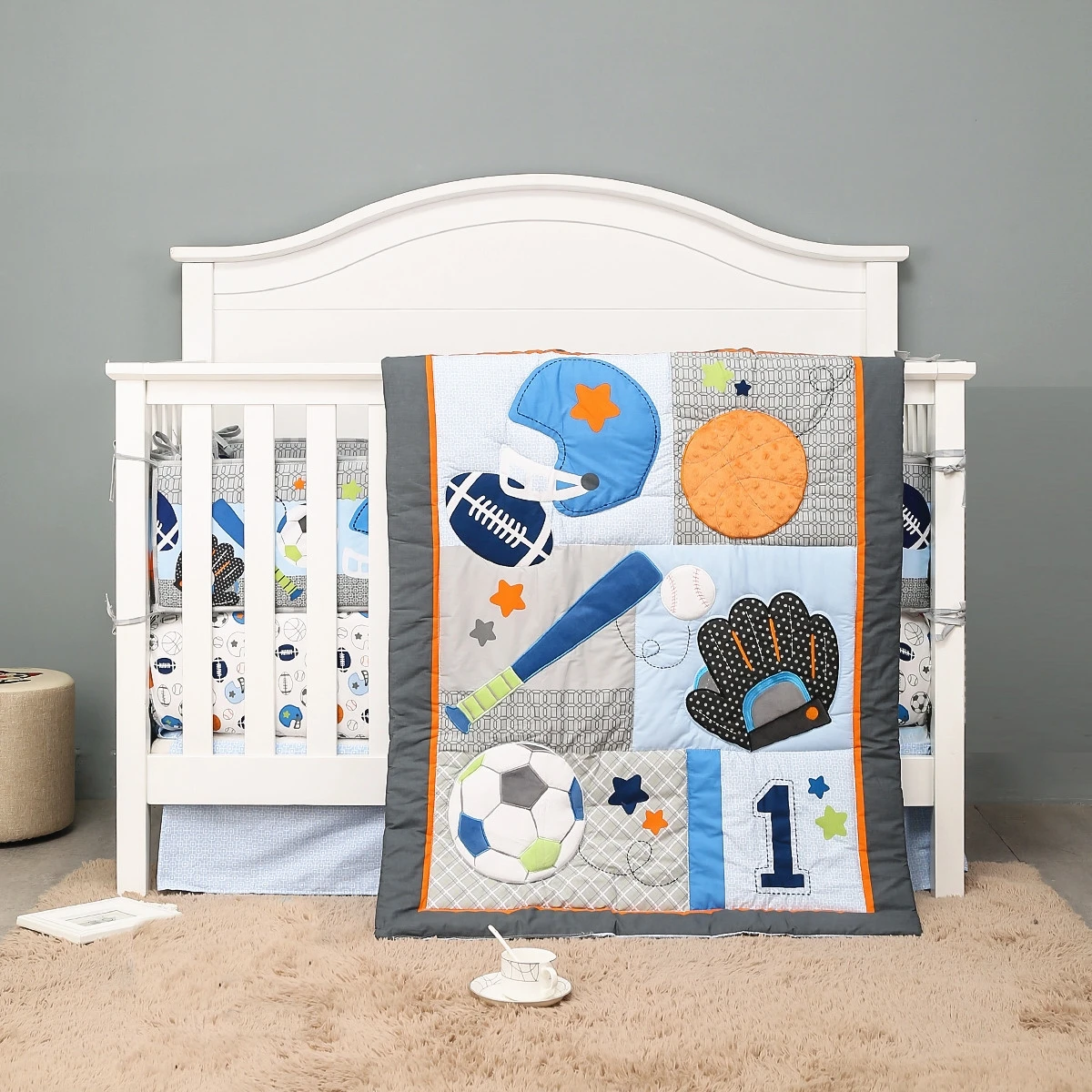 

7Pcs Sport Newborn Crib Bedding Set for Boy Nursery Bedding for Standard Size (4Bumper Crib Sheet Comforter Crib Skirt)