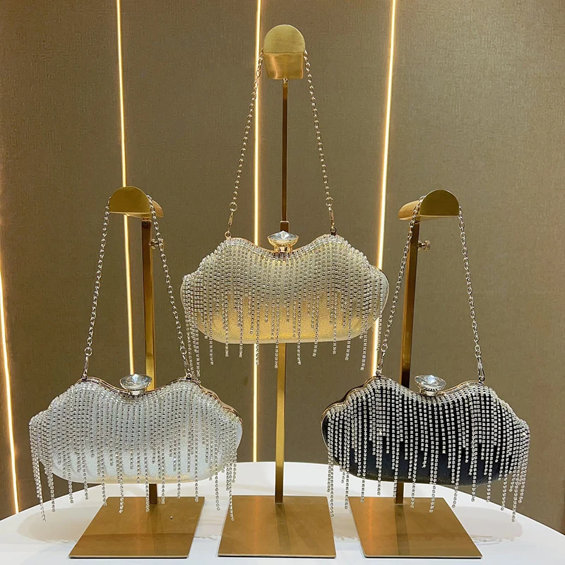 

New Ladies Diamond Tassel Dinner Bag Clutch Bag Rhinestones Sparkling Evening Bag for Wedding Dinner Dress Elegant Shoulder Bag