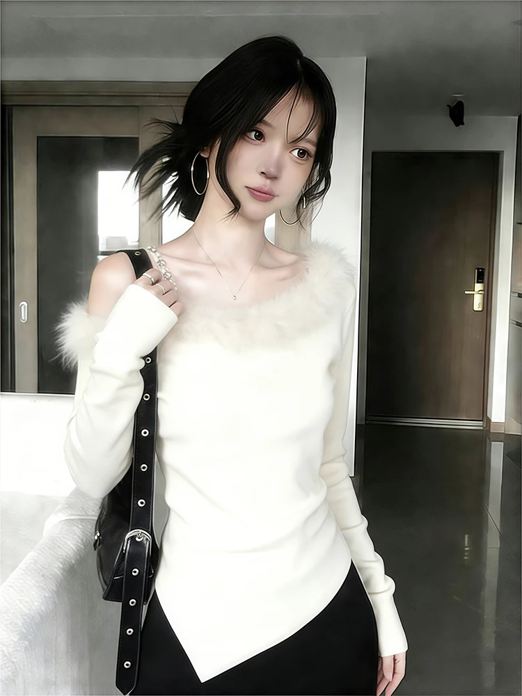 

Korean Sle Women's Knitted Svel Top oulder Bared Faux Fur Collar Slim Fit Base irt Early Spring Faion Design