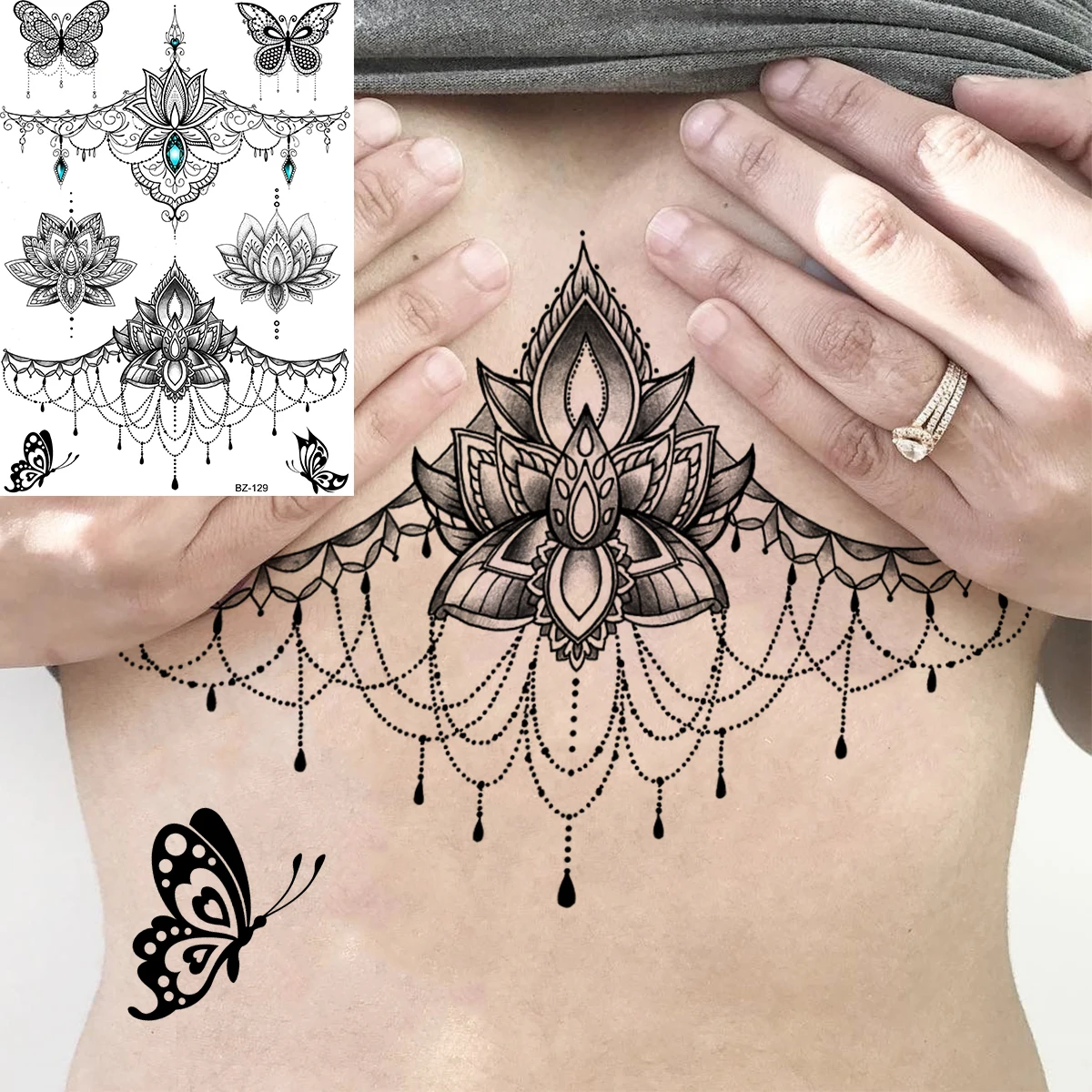 3D Lotus Henna Moon Pendant Back Temporary Tattoos For Women Adult Feather Lion Butterfly Fake Tattoo Arm Waterproof Tatoos