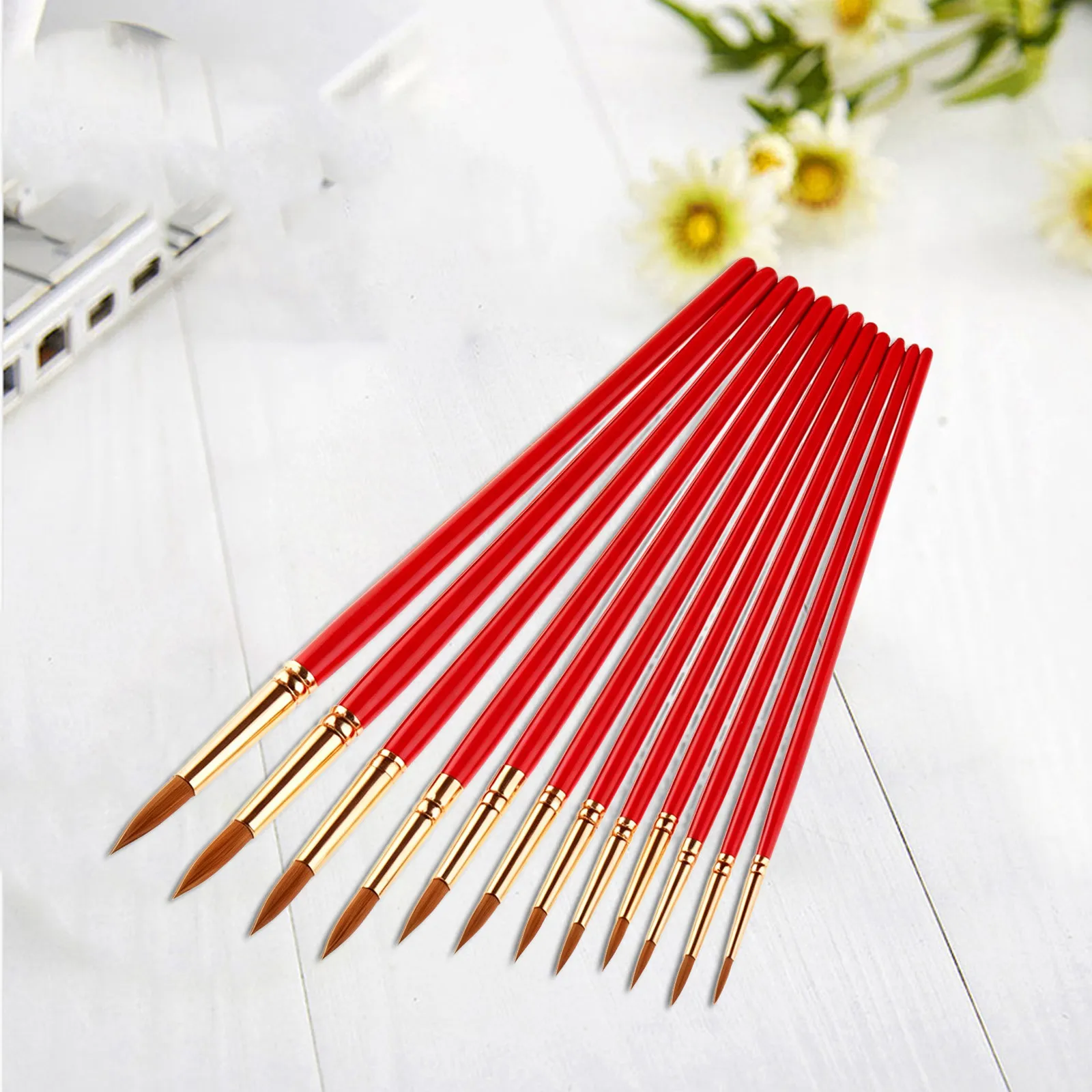 Watercolor Paint Brush Set 12 Piece Red Handle Nylon Bristles Absorbent Flexible for Acrylic Oil Artists