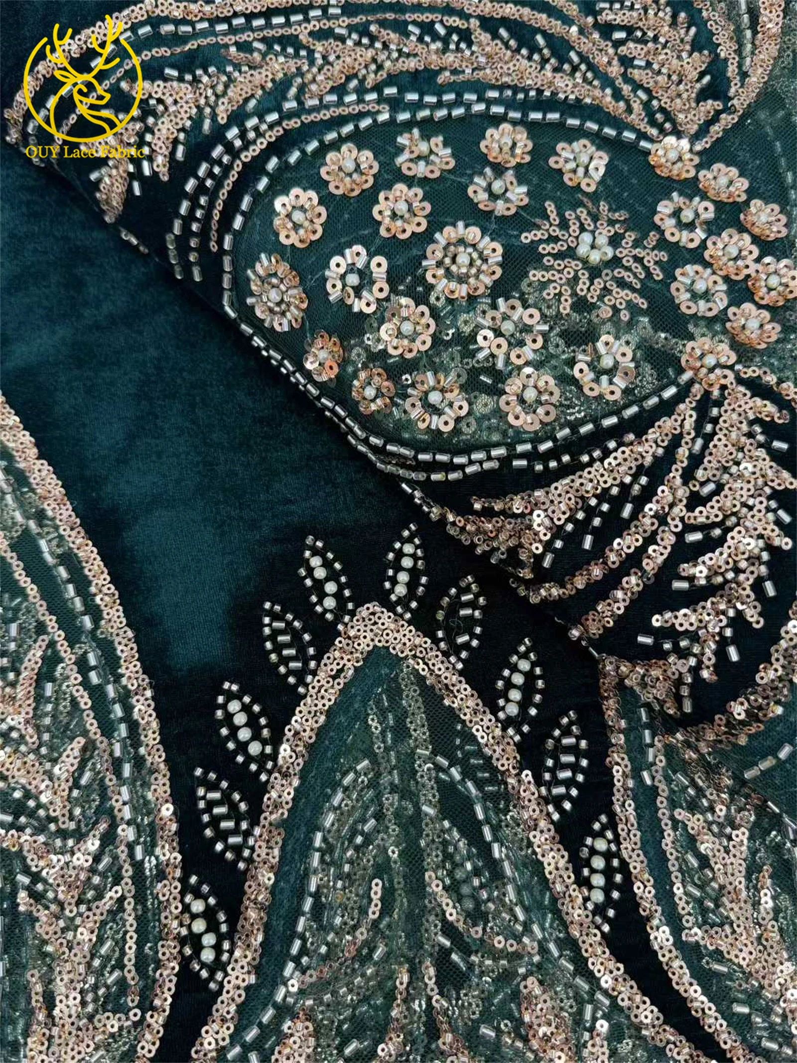 Luxuriöser afrikanischer Samt mit Perlen und Pailletten, Spitzenstoff, 2026, grüner Bräutigam-Stickstoff, französisches Damen-Party-Abendkleid – Detail 7