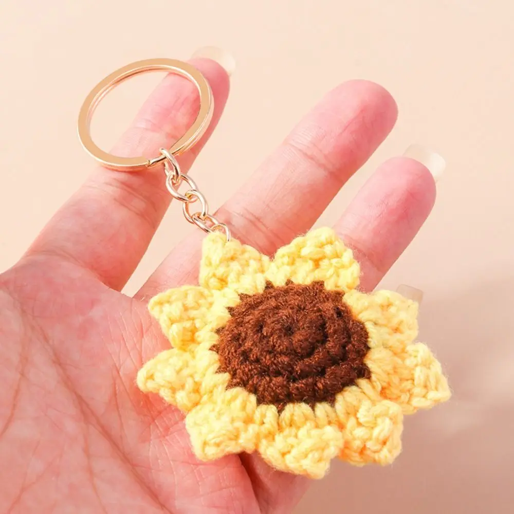 Handmade Crochet Sunflower Pendant Handbag Decor Backpack Crocheted Flower Key Ring Bag Charm Weaving Knitted Keychain DIY Gifts