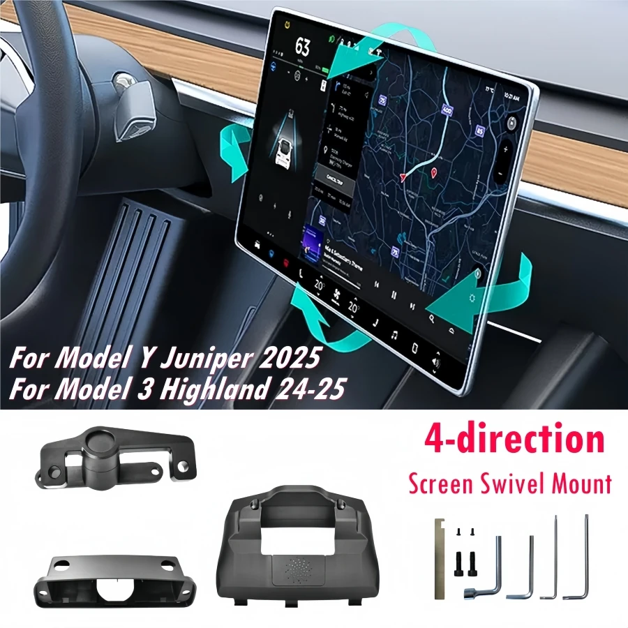 

For Tesla Model Y Juniper 2025 & Model 3 Highland 24-25 4-direction Screen Swivel Mount Left/Right 30° Up/Down 15° Rotating