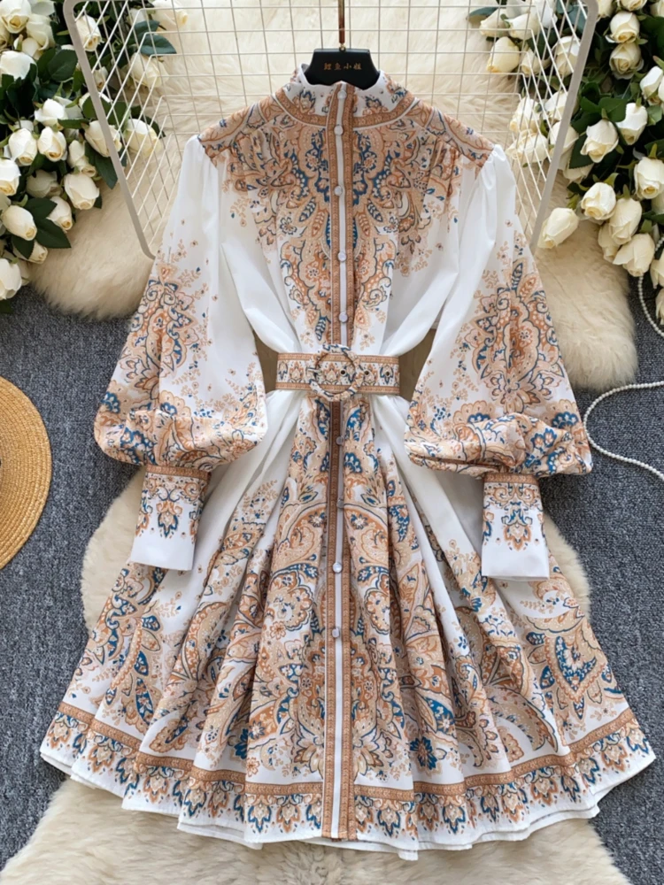 

French Printed Midi Dress Women Spring Autumn Lantern Sleeves Single Breasted Buttons Vintage Dresses Ladies Slim A-line Robe