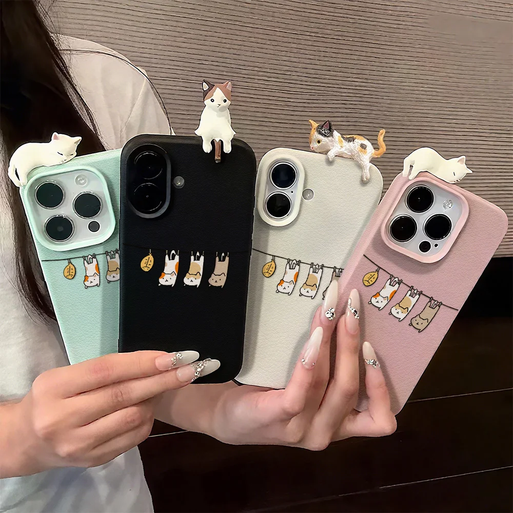 3D Cute Cartoon Cat Leather Case For iPhone 17 Pro Max Cover iPhone 17 Air 11 15 12 13 16 14 Pro Max 15 16 Plus Soft Funda Cases