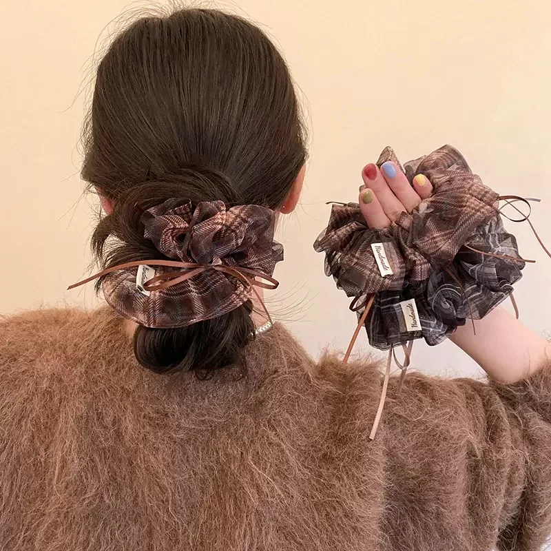 Vintage Karierte Organza-Haarschleife - Elegante Doppellagige Haarschleife mit Banddetails, Ein Femininer Haaraccessoire – Detail 7