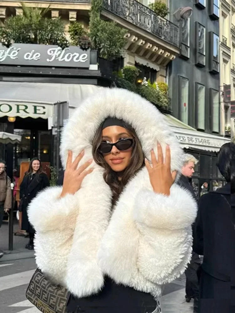 ZADORIN High Quality Faux Fur Coats Hooded Cropped White Black Faux Fur Coat Woman Clothing Fluffy Fur Jacket Winter Outerwears