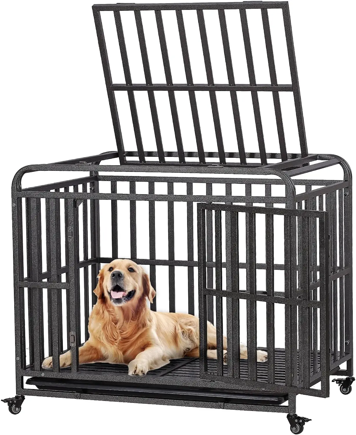 

38 Inch Heavy Duty Dog Crate Steel Dog Crate,Escape-Proof Double Door Dog Kennel with 360°Lockable Wheels, Dome Design, Removabl