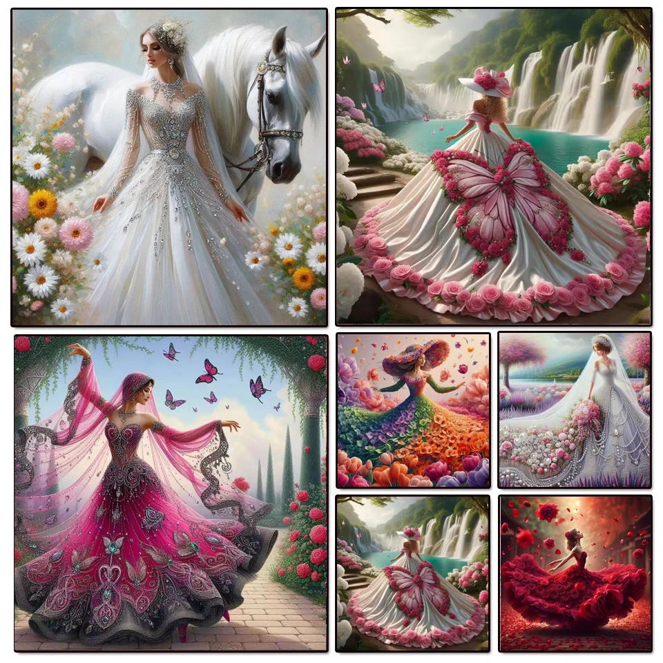 DIY Diamond Painting Princess Horse Cross Stitch Kit Woman in Beautiful Flower Skirt Full Square Round Diamond Mosaic Embroidery