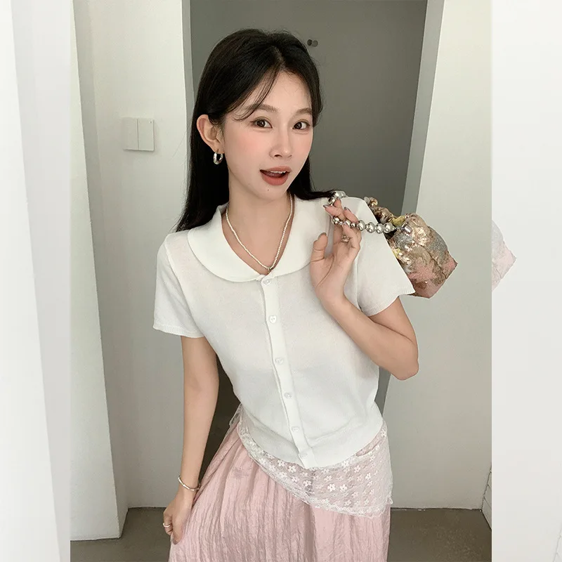 

College Style Doll Collar Age-Reducing Knitted Short-Sleeve Cardigan for Women 2025 Summer New Loose Casual Single-Breasted